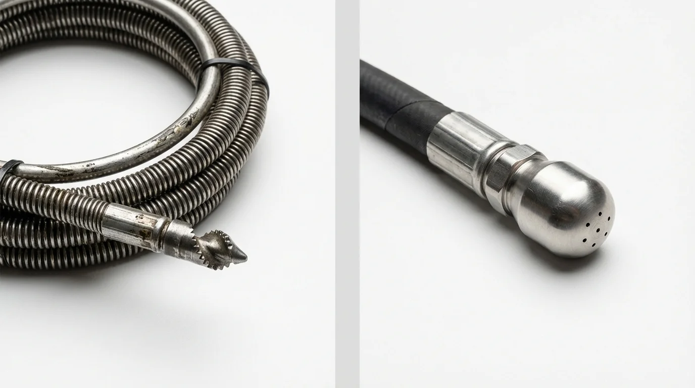 Drain snake cable and hydro jetting nozzle used for drain cleaning in Middletown, IN