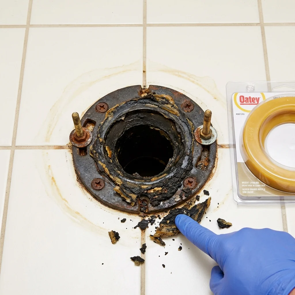 Failed wax ring showing water seepage at the base of a toilet in a Middletown, IN home