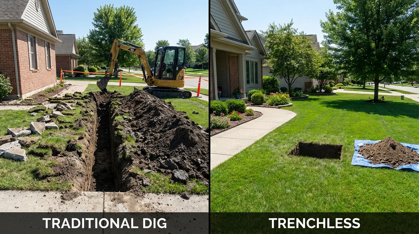 Trenchless sewer repair with minimal yard damage versus traditional excavation in Middletown, IN