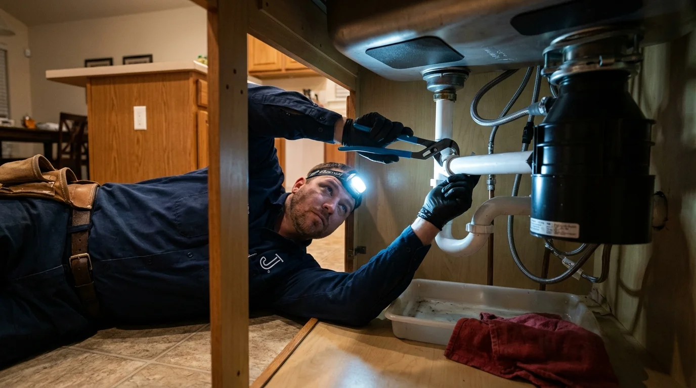 P-trap and supply line connections under a kitchen sink showing a common leak point in Middletown, IN